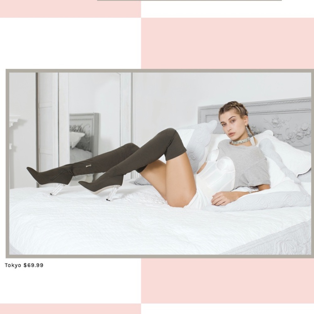 Hailey Baldwin x Public Desire thigh high boots